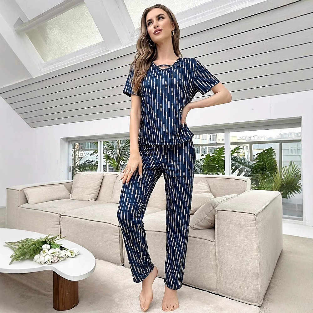 ZARA Women Stripe and Plaid Short Sleeve Long Pants Pajama Set Two Piece